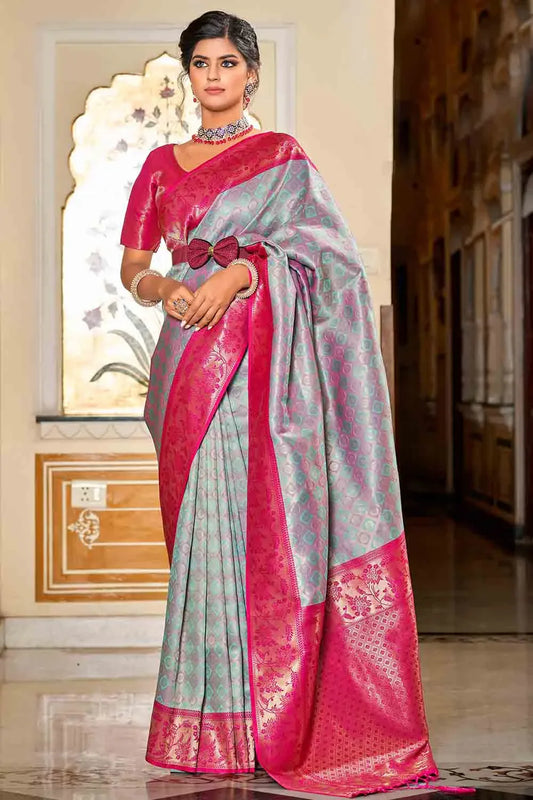 Grey And Pink Banarasi Saree - EZBER