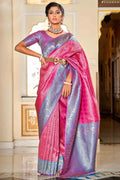 Pink And Blue Banarasi Saree - EZBER
