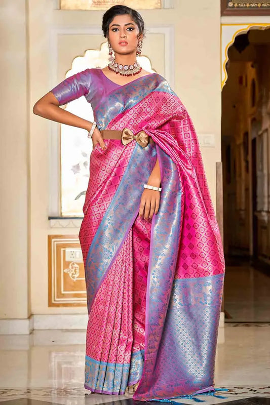 Pink And Blue Banarasi Saree - EZBER