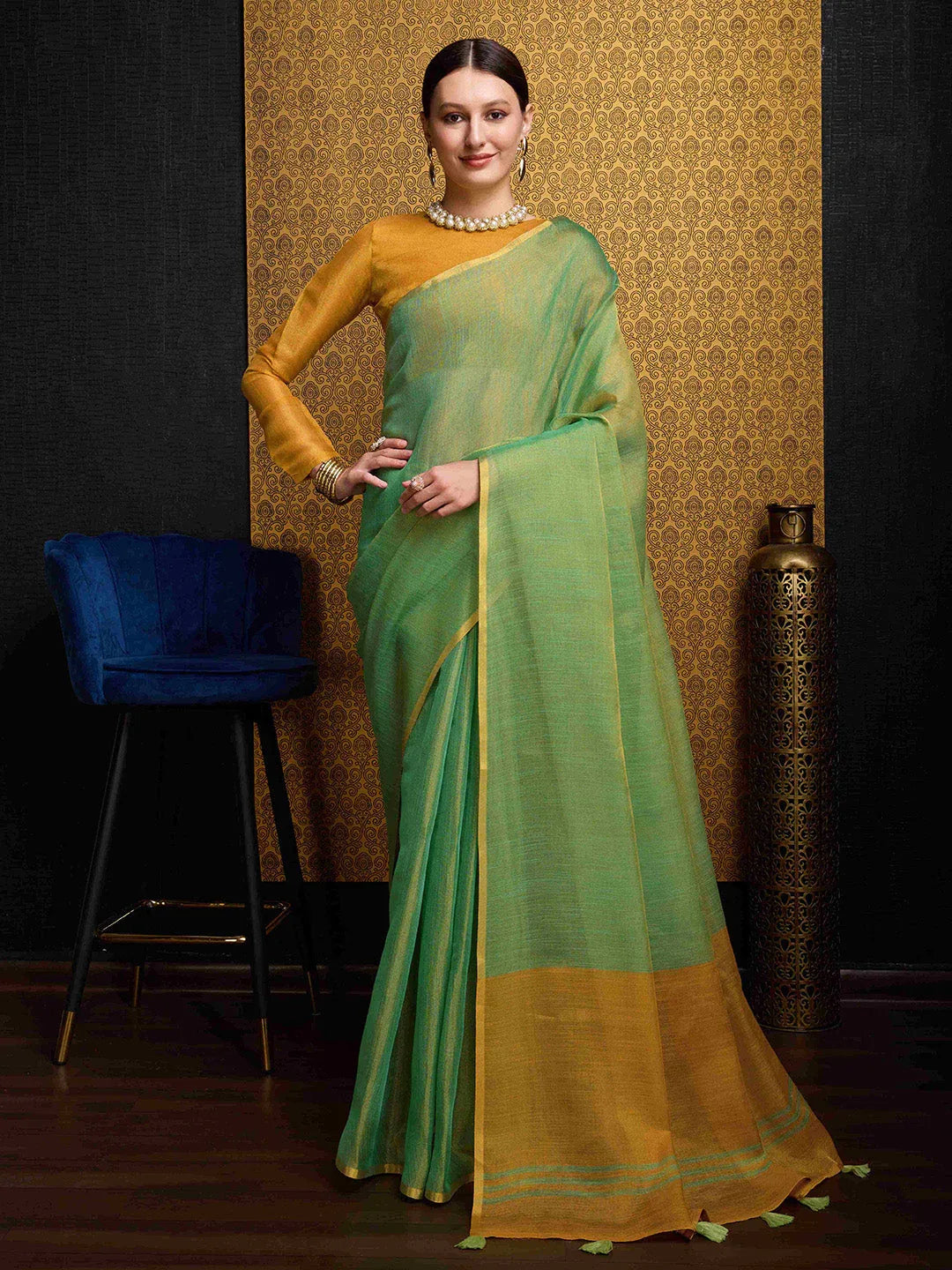 Green Linen Festive Wear Saree With Blouse Piece - EZBER