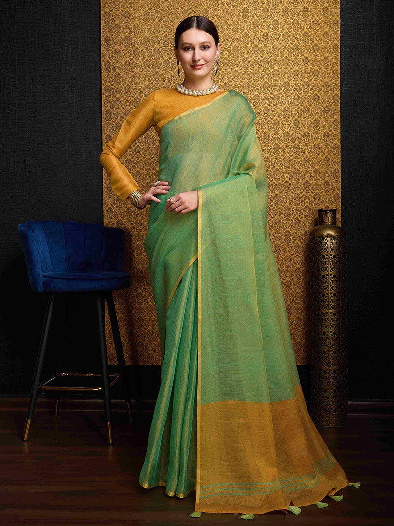 Green Linen Festive Wear Saree With Blouse Piece - EZBER