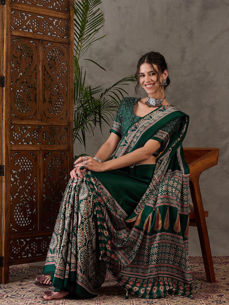 Green Semi Modal Saree With Blouse Piece - EZBER