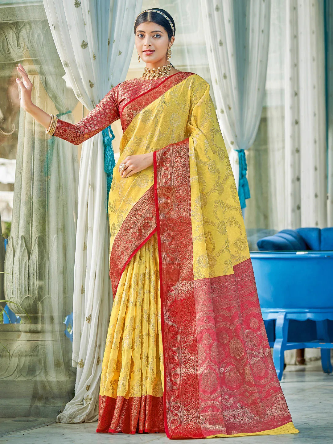 Yellow Linen Cotton Saree With Blouse Piece - EZBER