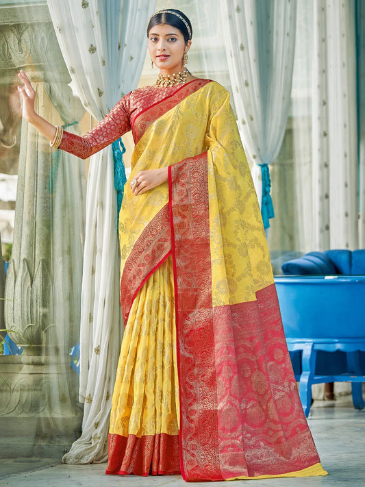 Yellow Linen Cotton Saree With Blouse Piece - EZBER
