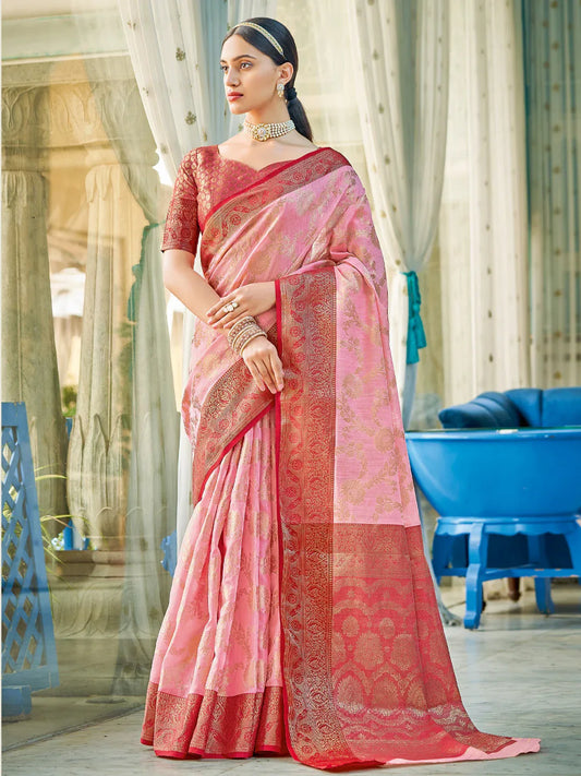 Light Pink Linen Cotton Saree With Blouse Piece - EZBER