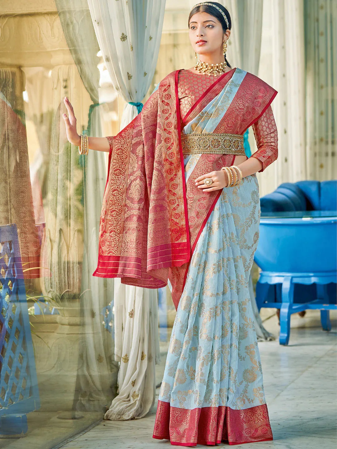 Sky Blue Linen Cotton Saree With Blouse Piece - EZBER