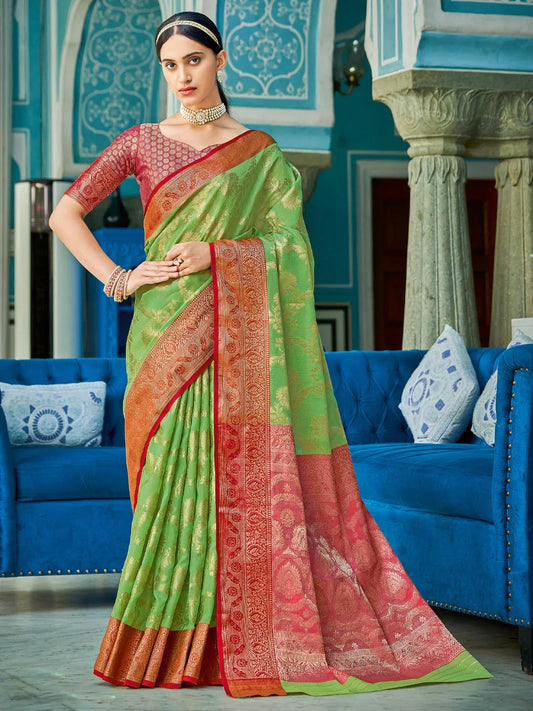 Light Green Linen Cotton Saree With Blouse Piece - EZBER