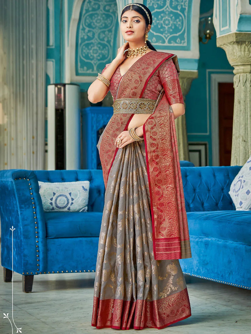Grey Linen Cotton Saree With Blouse Piece - EZBER