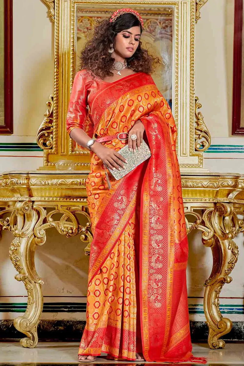 Orange And Red Banarasi Saree - EZBER