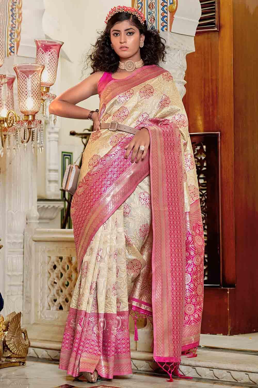 Beige And Peach Banarasi Saree - EZBER