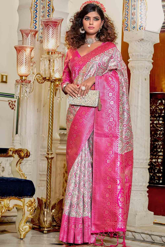 Flamingo Pink Banarasi Saree - EZBER
