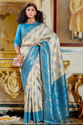 White And Blue Banarasi Saree - EZBER