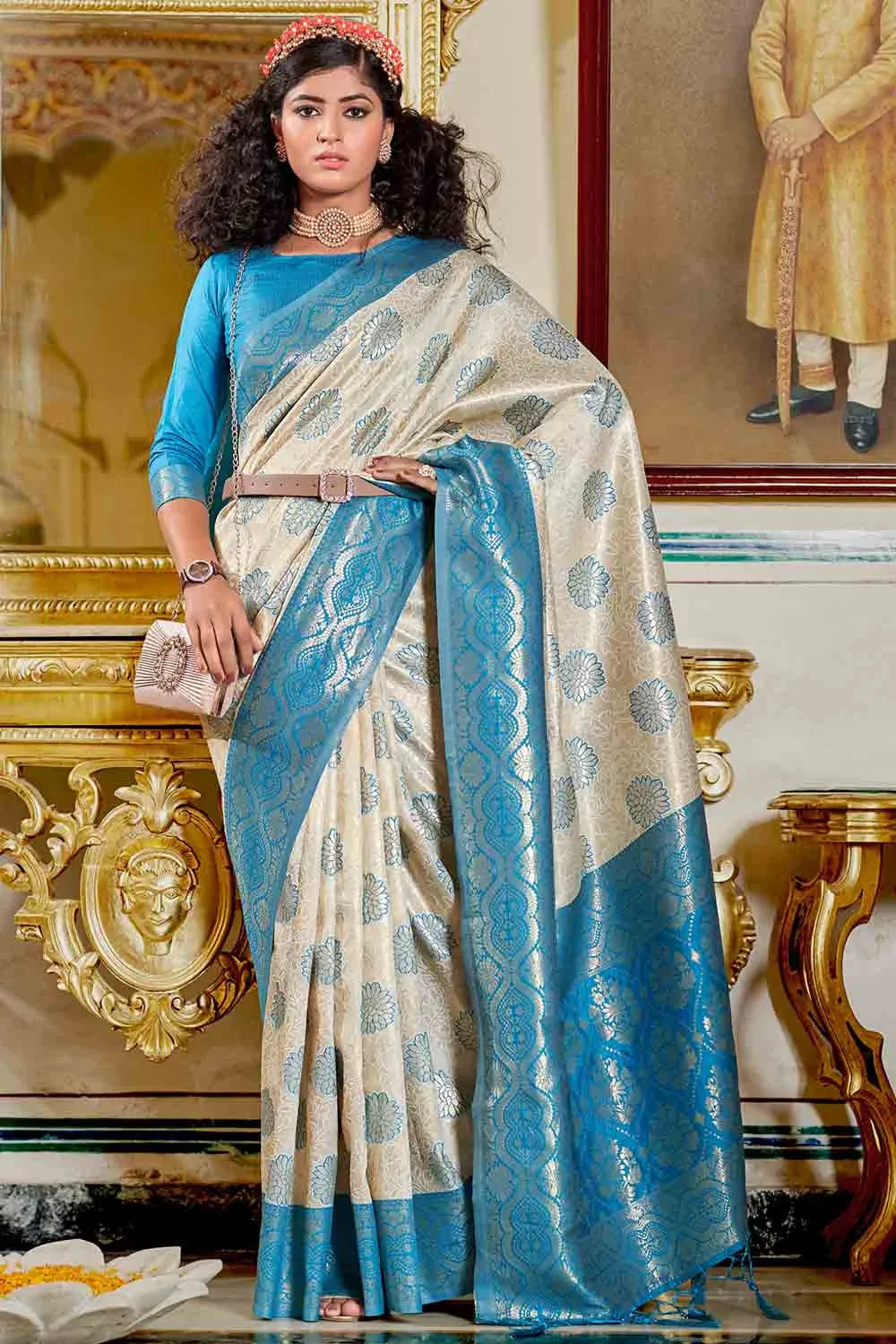White And Blue Banarasi Saree - EZBER