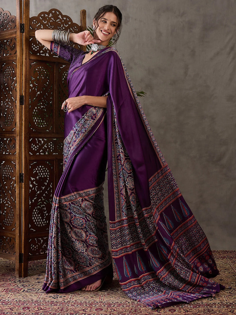 Purple Semi Modal Saree With Blouse Piece - EZBER