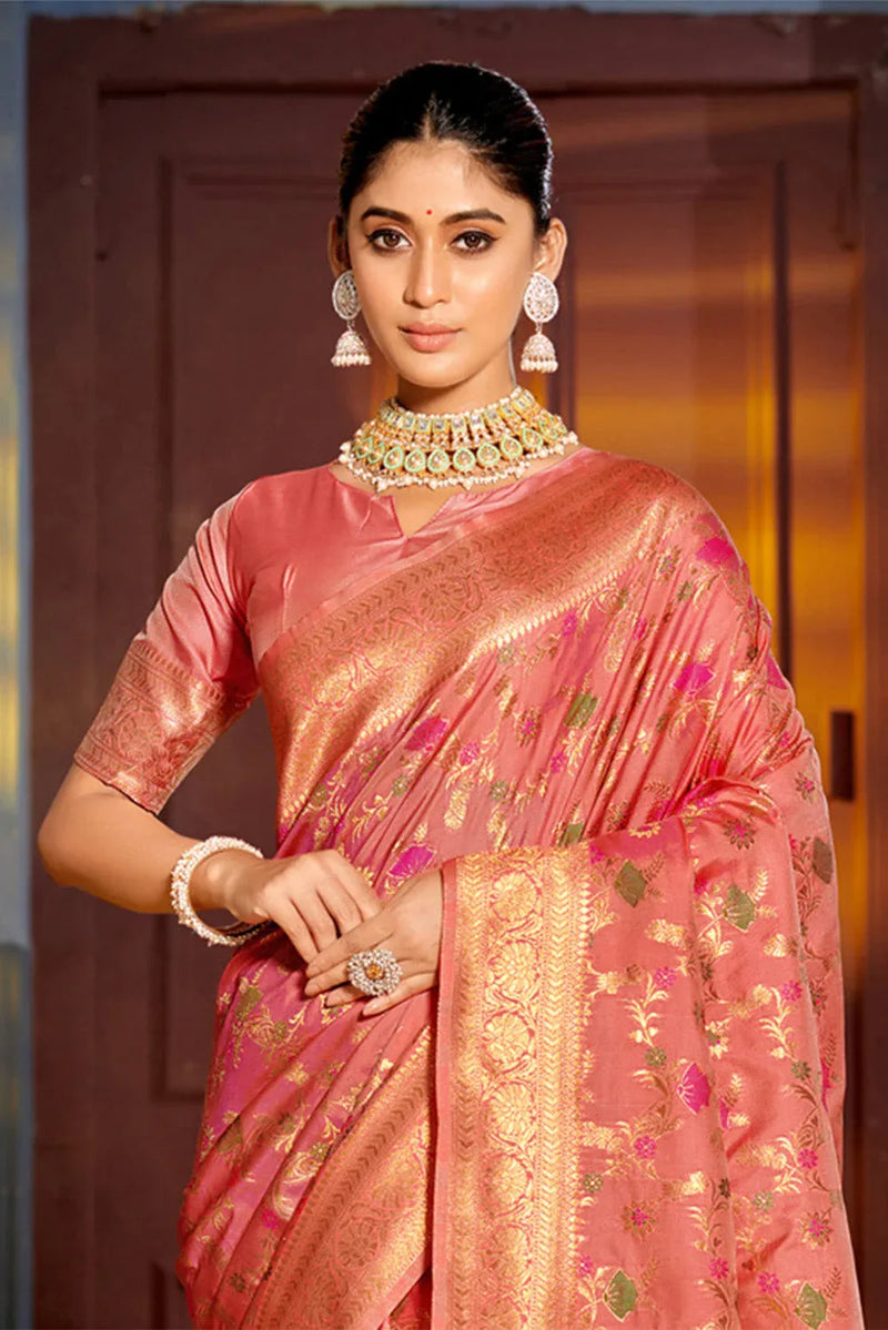 Peach Banarasi Silk Saree With Blouse Piece - EZBER