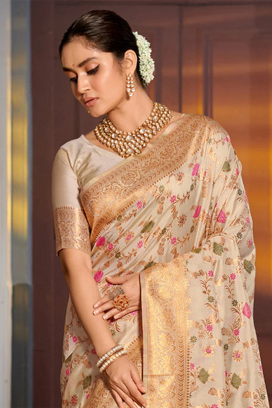 Cream Banarasi Silk Saree With Blouse Piece - EZBER