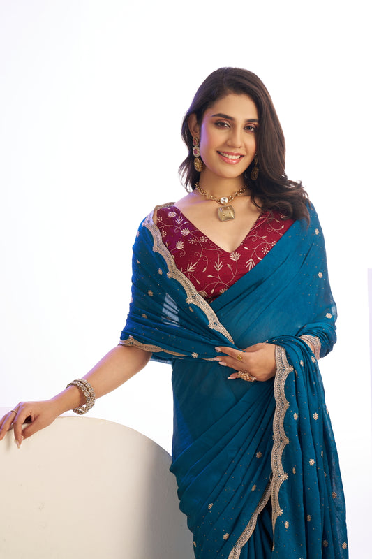 Vichitra Crunchi Sequins Embroidered Work With Blouse Piece