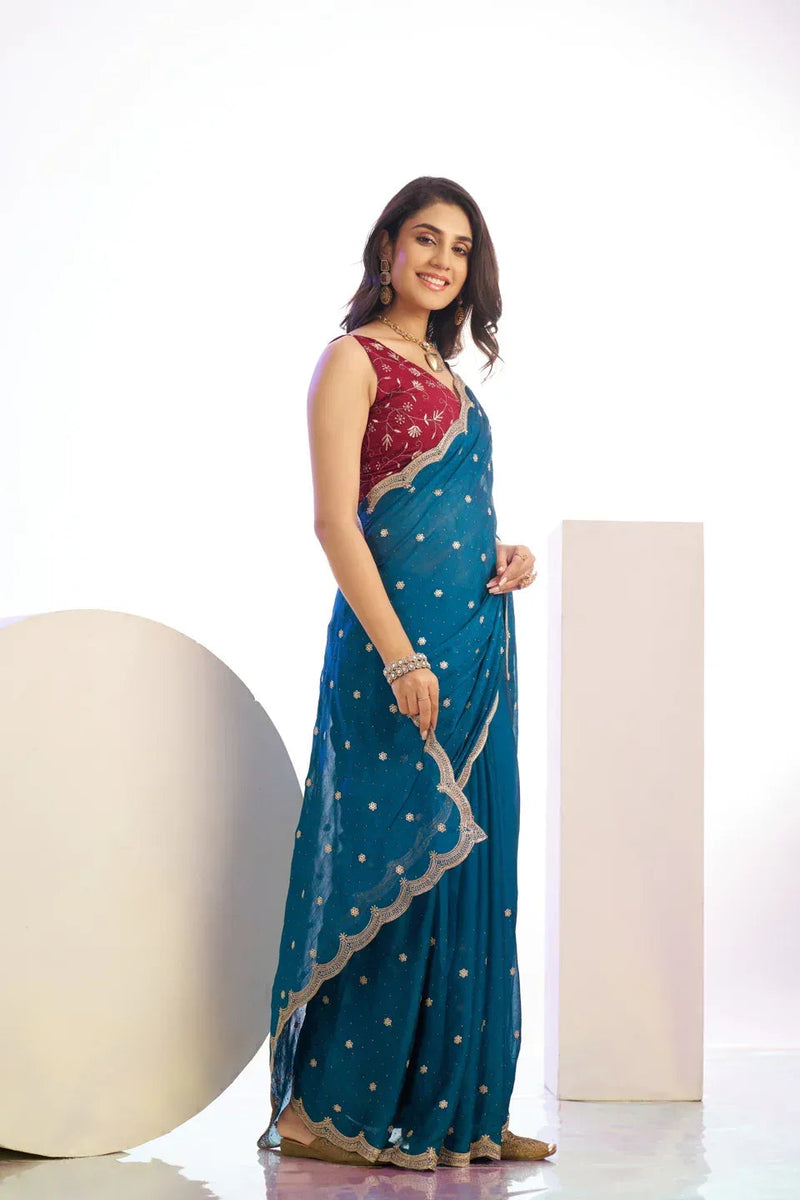 Red Tissue Crepe Saree with Blouse Piece  | EZBER