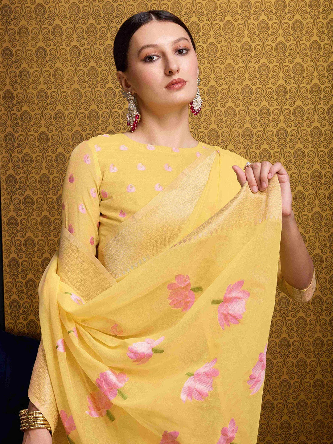 Yellow Linen Festive Wear Saree With Blouse Piece - EZBER