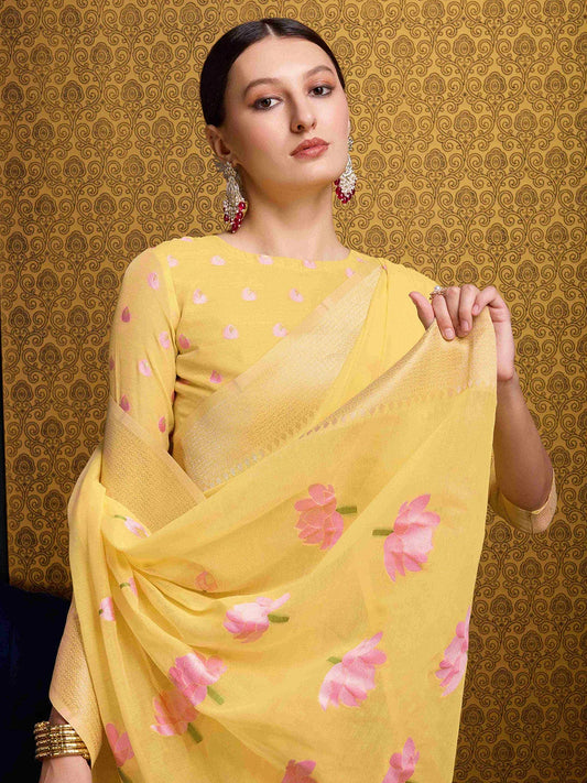 Yellow Linen Festive Wear Saree With Blouse Piece - EZBER