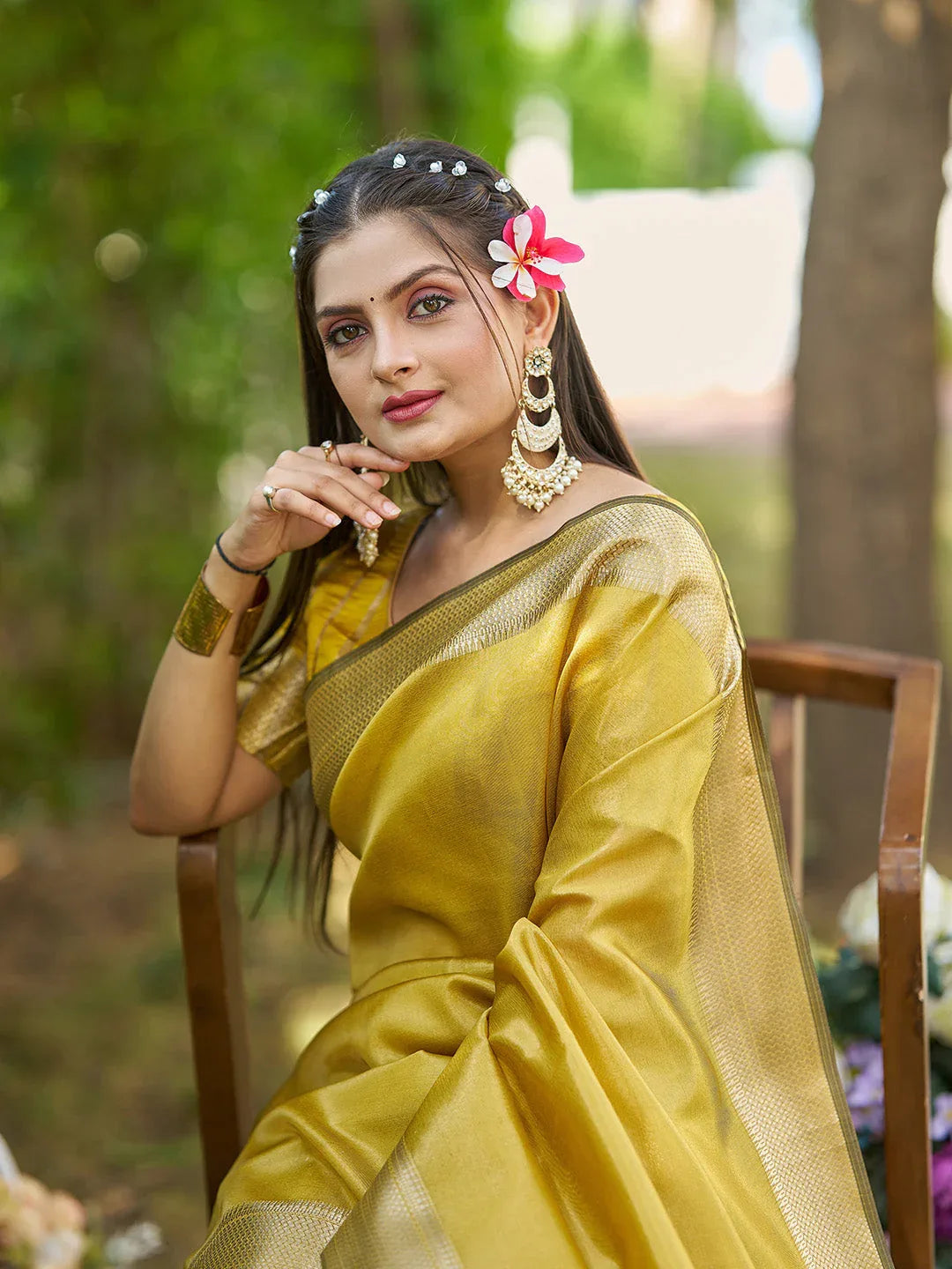 Yellow Tissue Saree With Blouse Piece - EZBER