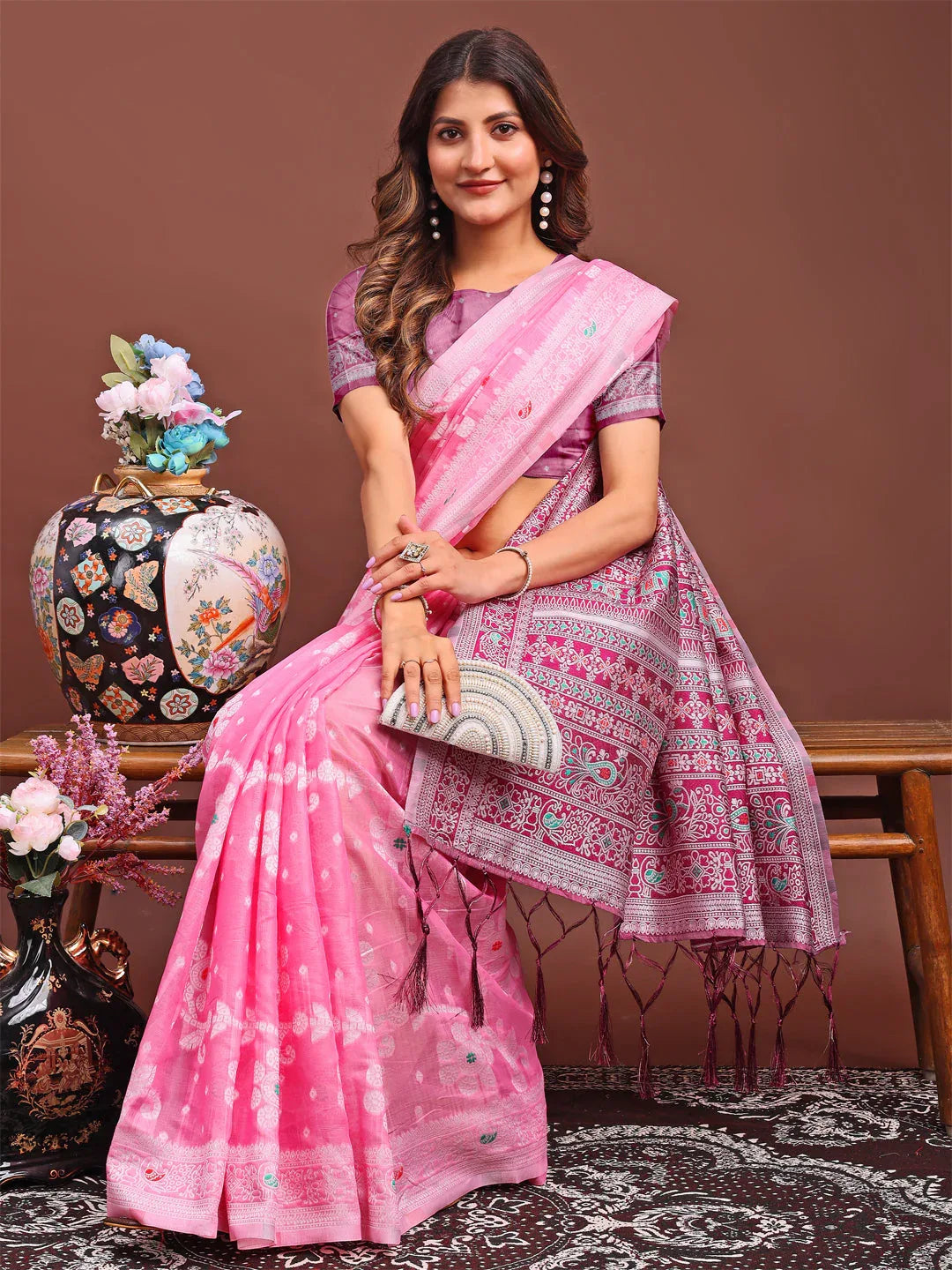 Pink Linen Cotton Saree With Blouse Piece - EZBER