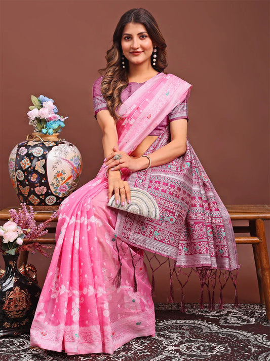 Pink Linen Cotton Saree With Blouse Piece - EZBER