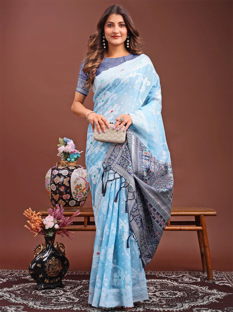 Sky Blue Linen Cotton Saree With Blouse Piece - EZBER