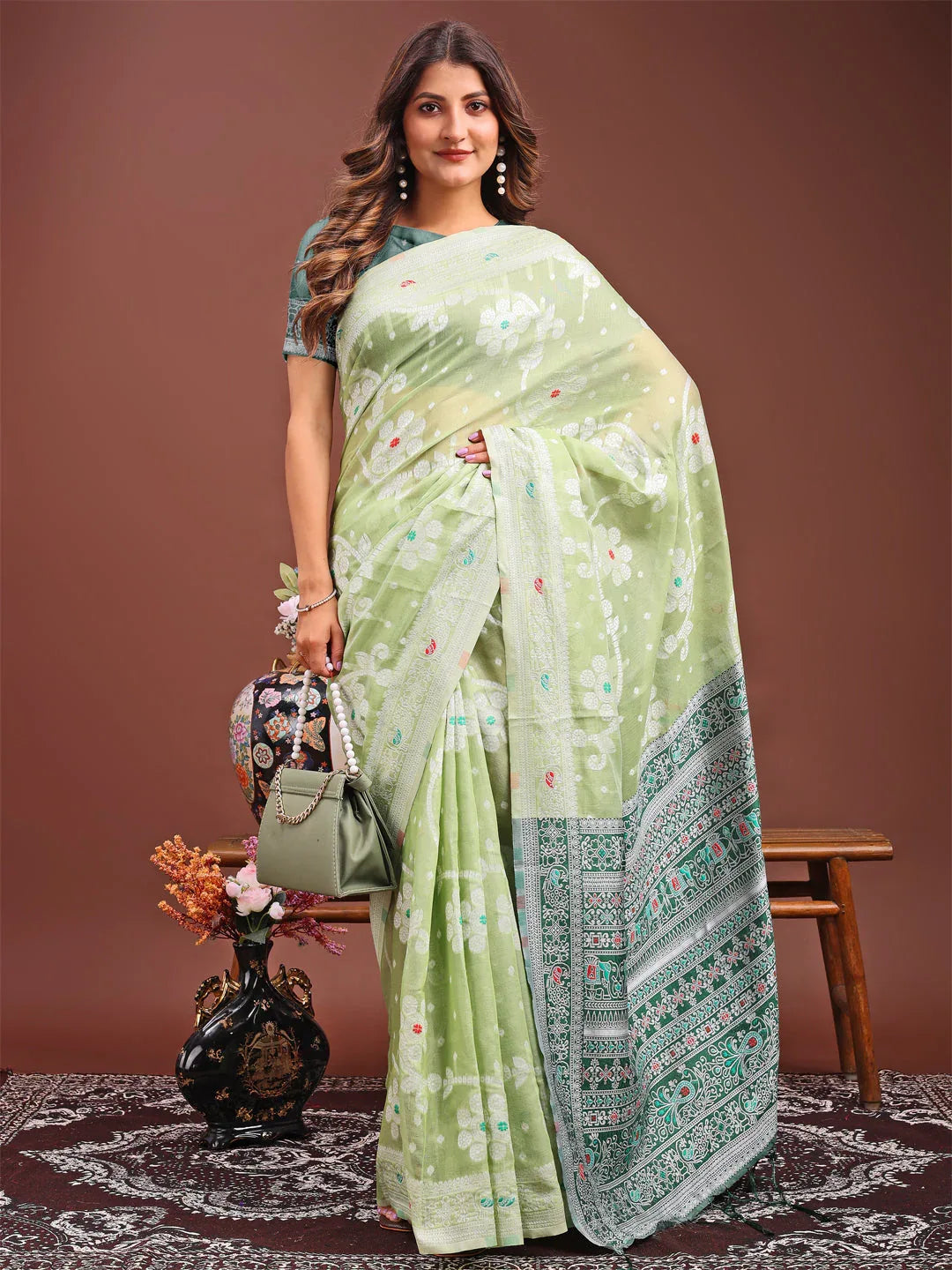 Light Green Linen Cotton Saree With Blouse Piece - EZBER
