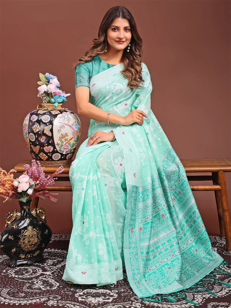 Sea Green Linen Cotton Saree With Blouse Piece - EZBER