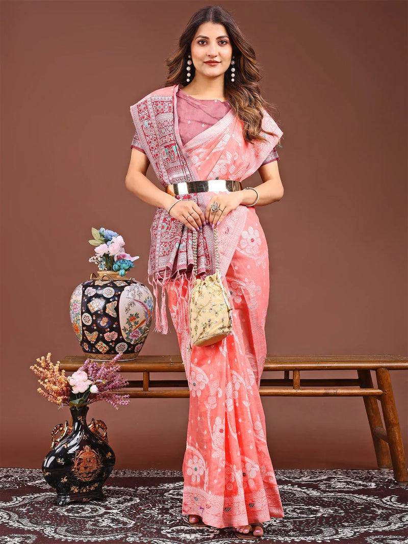 Peach Linen Cotton Saree With Blouse Piece - EZBER