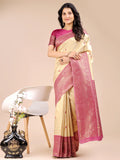 Cream & Magenta Banarasi Silk Saree With Blouse Piece - EZBER