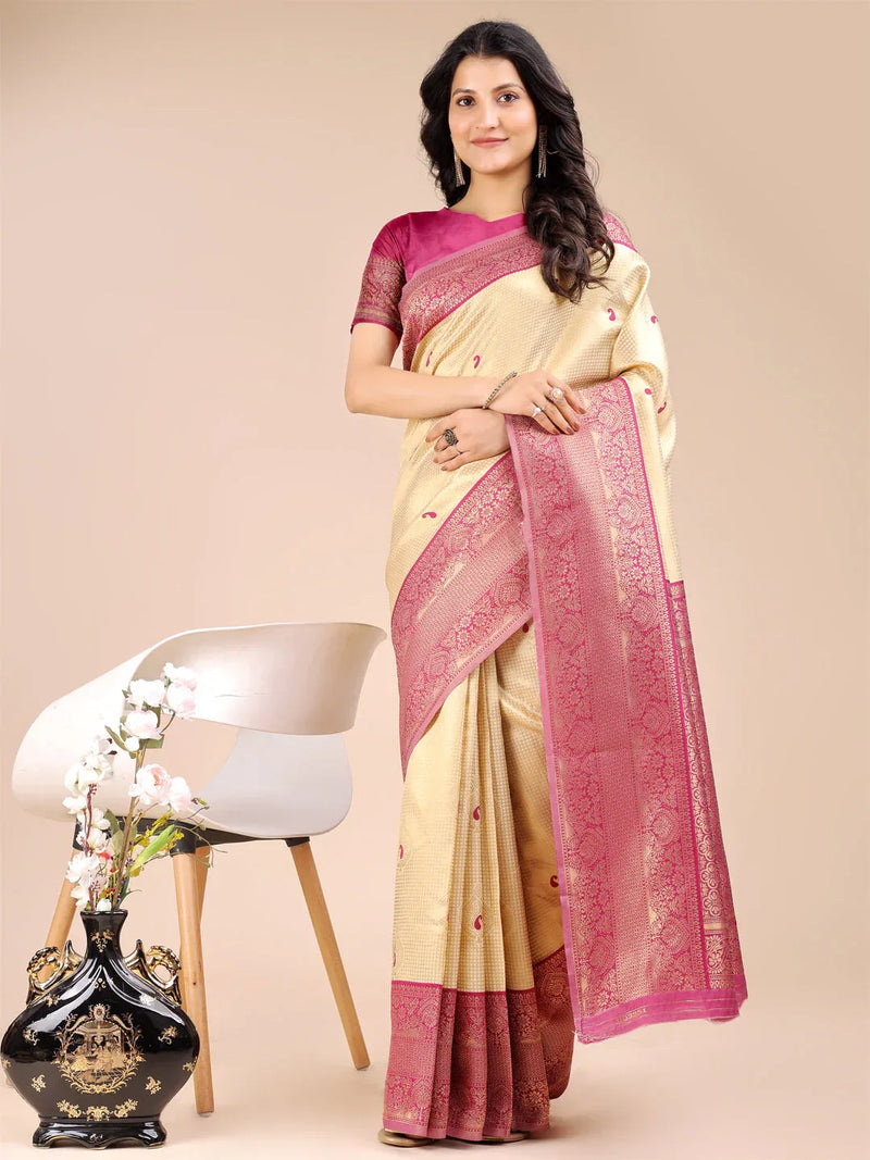 Cream & Magenta Banarasi Silk Saree With Blouse Piece - EZBER