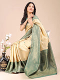 Cream & Green Banarasi Silk Saree With Blouse Piece - EZBER