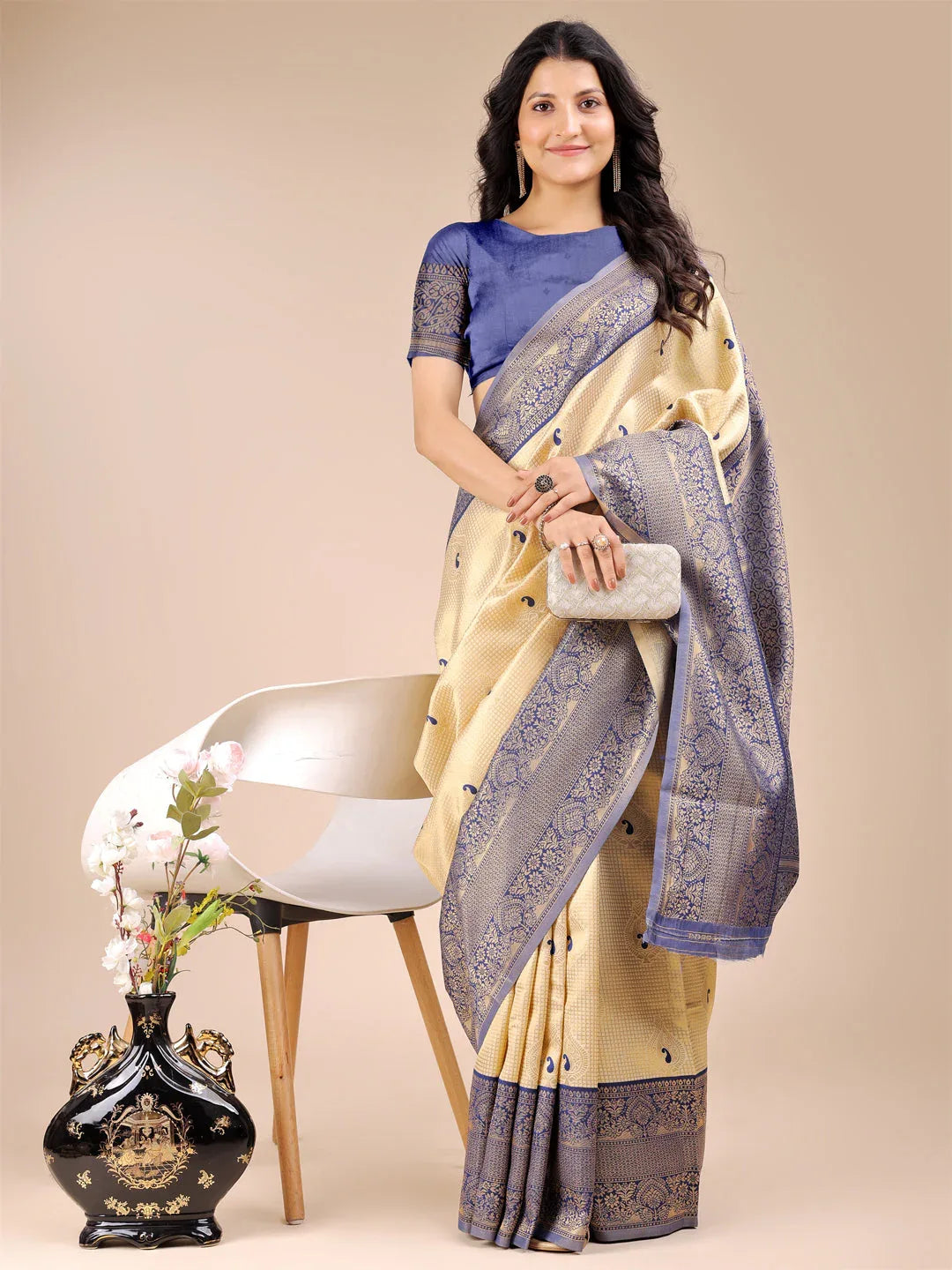 Cream & Navy Blue Banarasi Silk Saree With Blouse Piece - EZBER