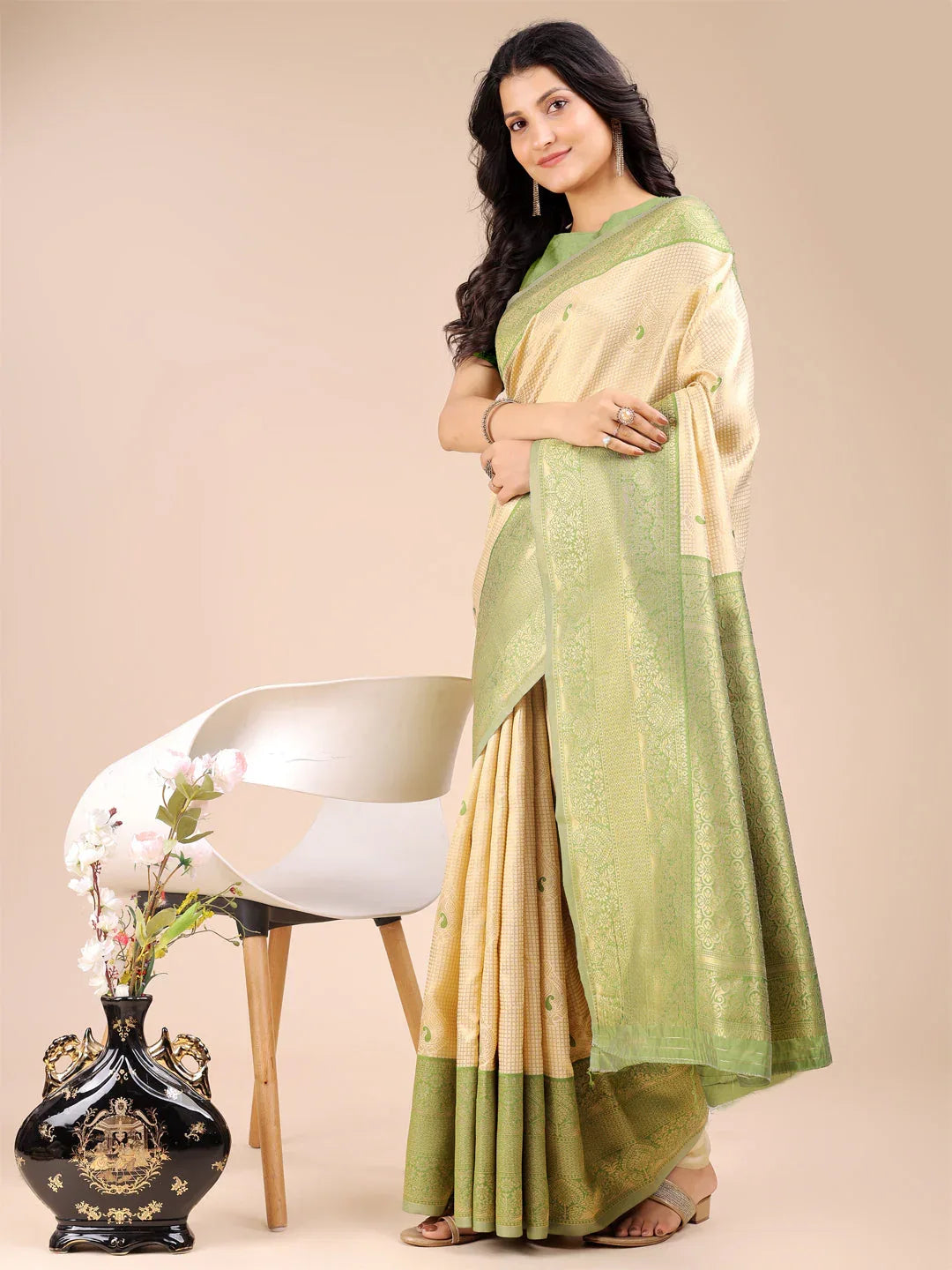 Cream & Light Green Banarasi Silk Saree With Blouse Piece - EZBER