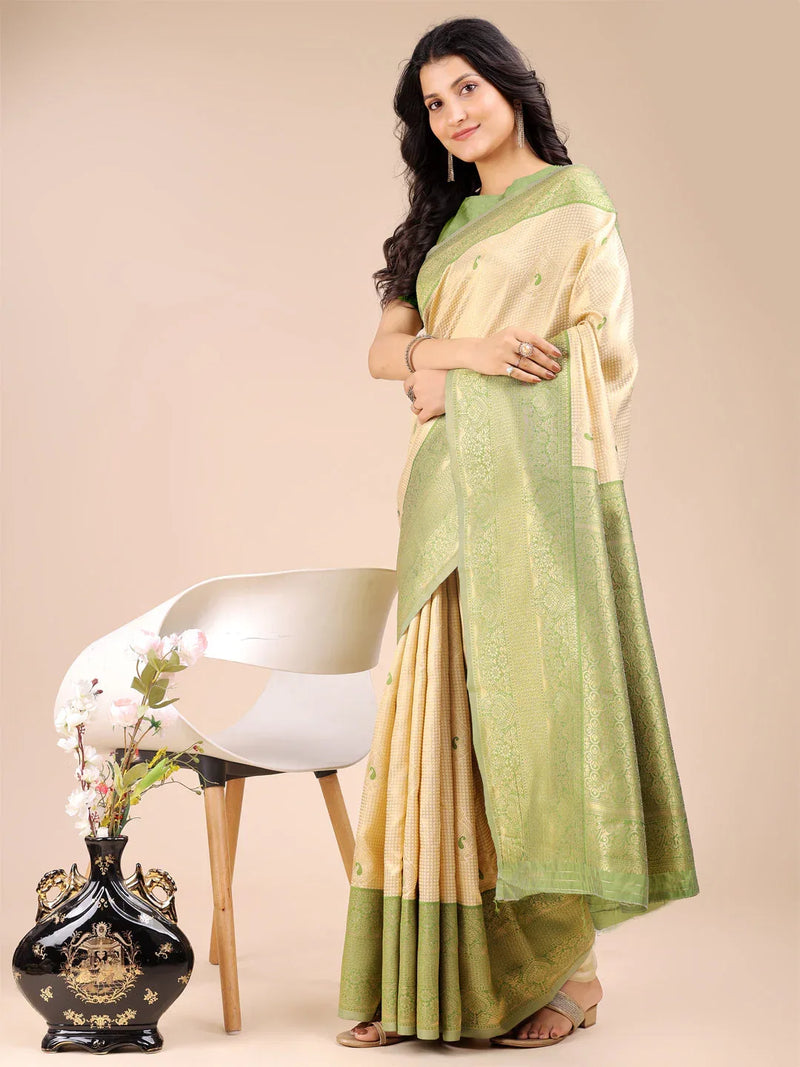 Cream & Light Green Banarasi Silk Saree With Blouse Piece - EZBER