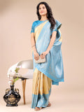 Cream & Sky Blue Banarasi Silk Saree With Blouse Piece - EZBER
