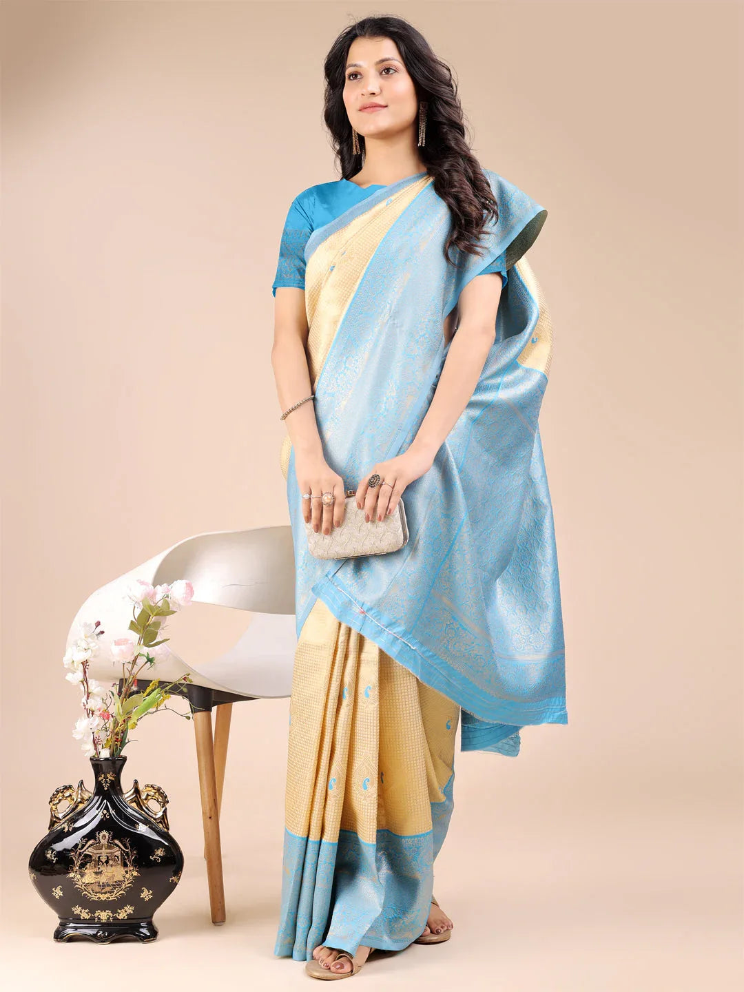 Cream & Sky Blue Banarasi Silk Saree With Blouse Piece - EZBER