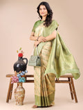 Cream & Light Green Banarasi Silk Saree With Blouse Piece - EZBER