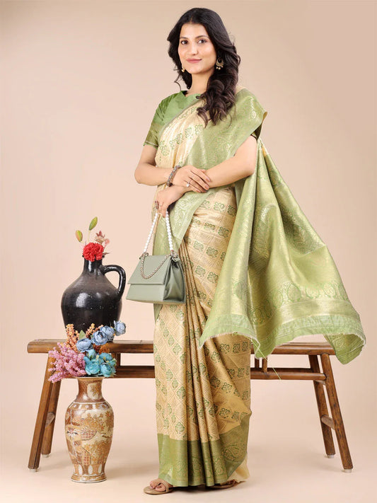 Cream & Light Green Banarasi Silk Saree With Blouse Piece - EZBER
