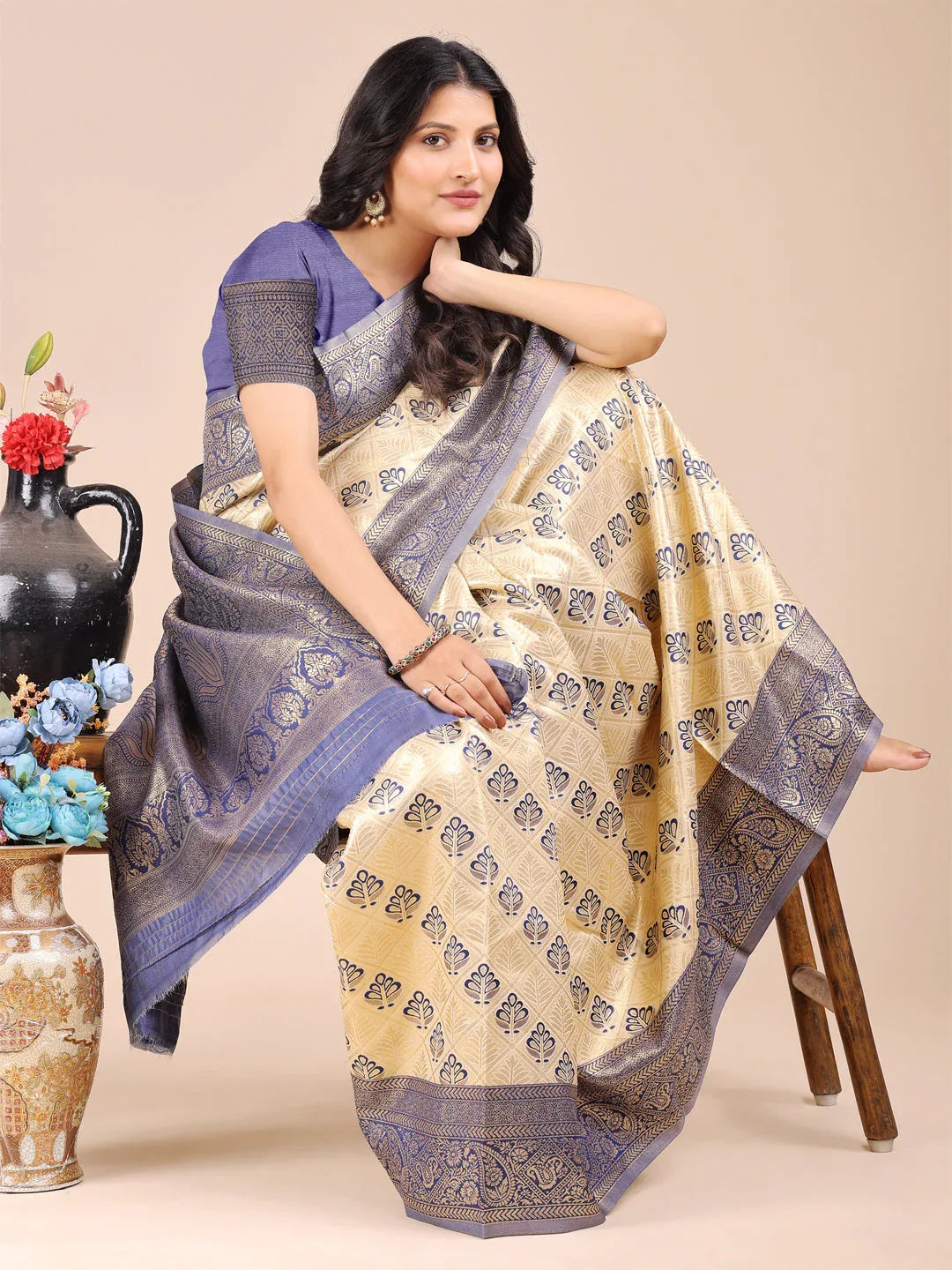 Cream & Navy Blue Banarasi Silk Saree With Blouse Piece - EZBER