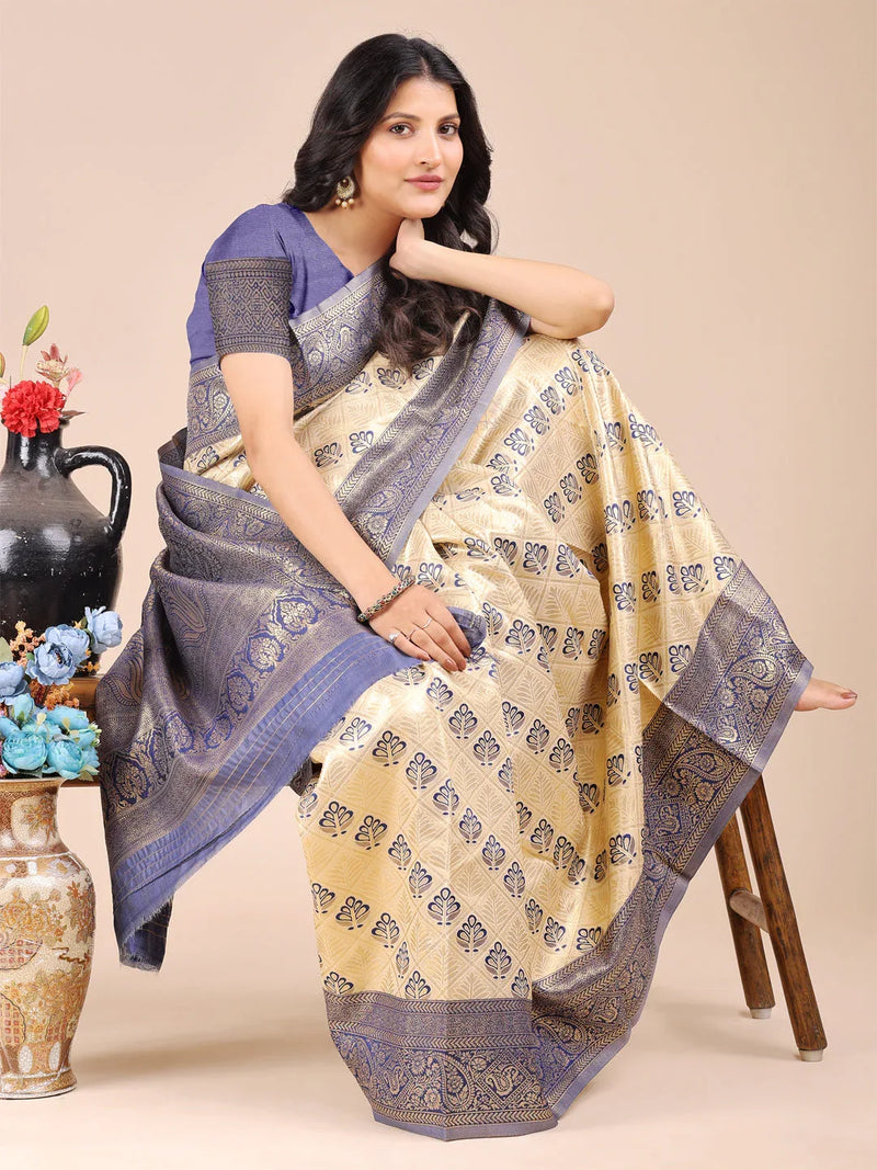 Cream & Navy Blue Banarasi Silk Saree With Blouse Piece - EZBER