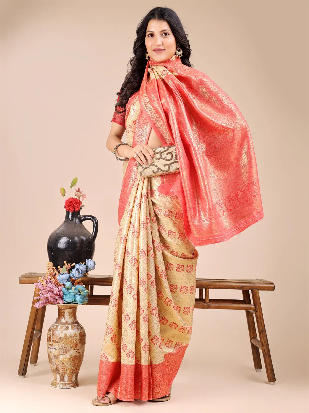 Cream & Red Banarasi Silk Saree With Blouse Piece - EZBER