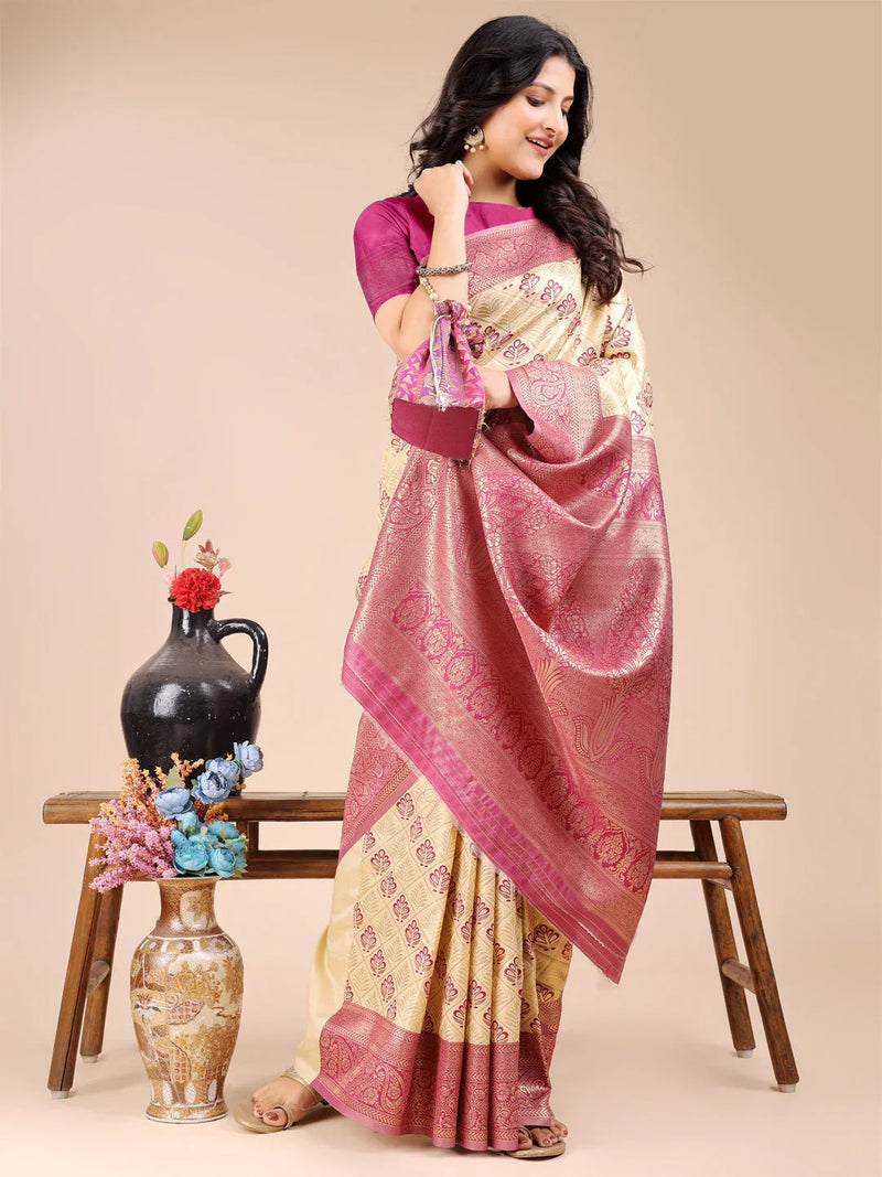 Cream & Magenta Banarasi Silk Saree With Blouse Piece - EZBER