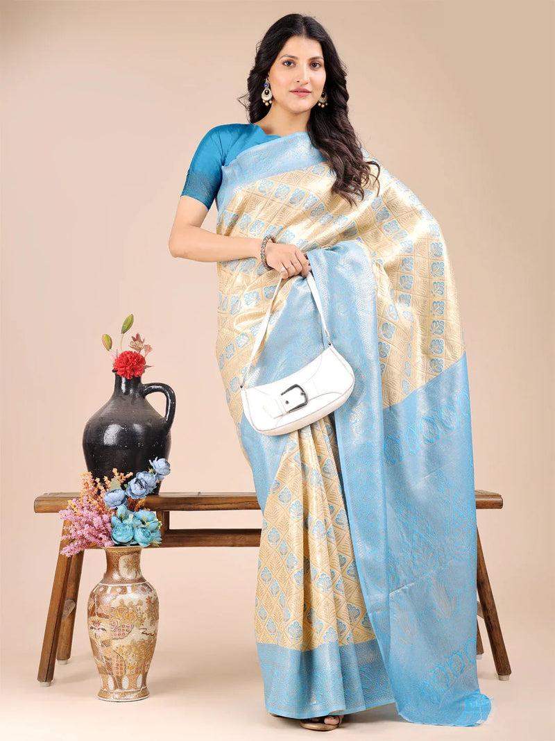 Cream & Sky Blue Banarasi Silk Saree With Blouse Piece - EZBER