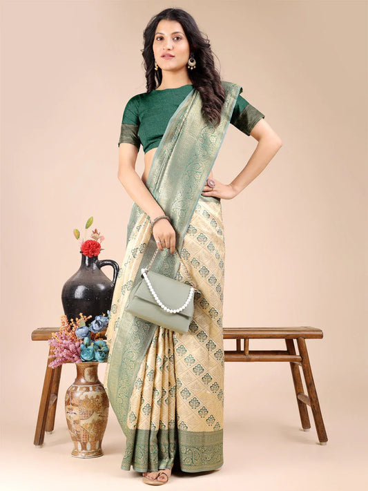 Cream & Green Banarasi Silk Saree With Blouse Piece - EZBER
