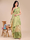 Cream & Light Green Banarasi Silk Saree With Blouse Piece - EZBER
