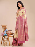 Cream & Magenta Banarasi Silk Saree With Blouse Piece - EZBER