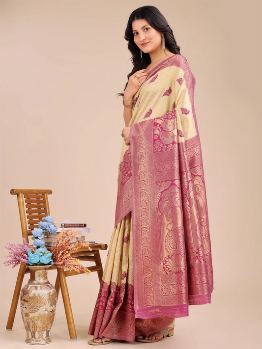 Cream & Magenta Banarasi Silk Saree With Blouse Piece - EZBER